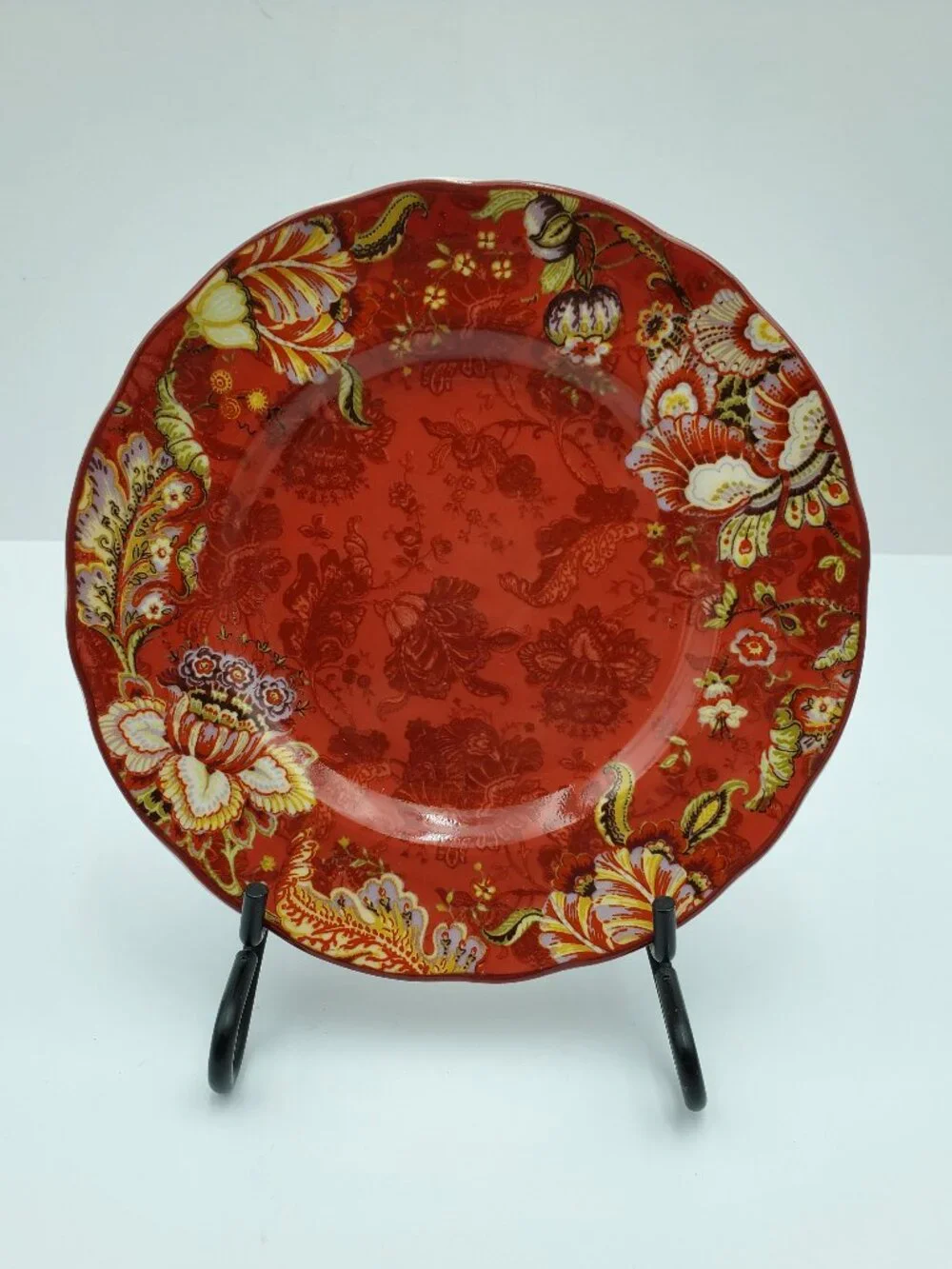 222 Fifth Gabrielle Red Appetizer Plates Dark Red Paisley Floral Dessert Plates
